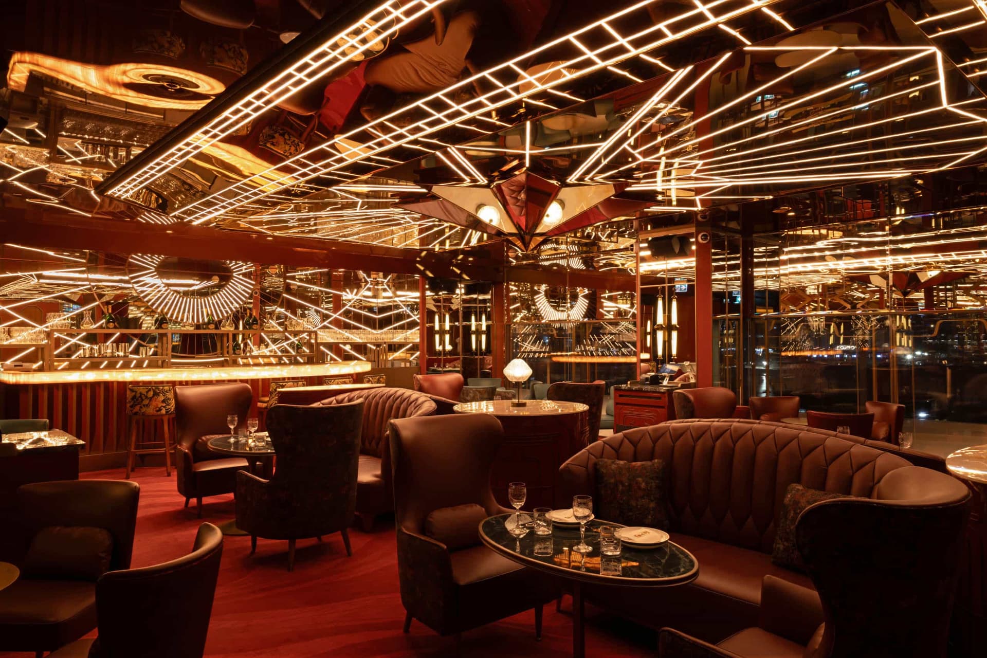 China Tang’s lounge under the lit deco ceiling