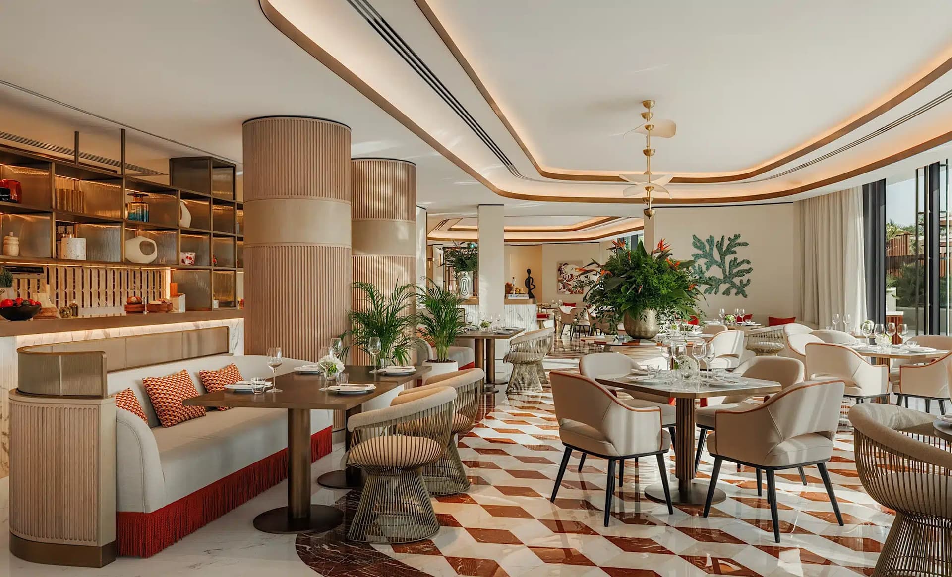 Chequerboard floors and palms at Commodore Club