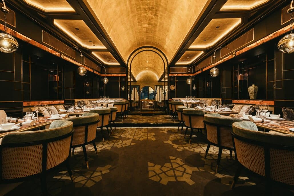 The vaulted dining room at Mott 32
