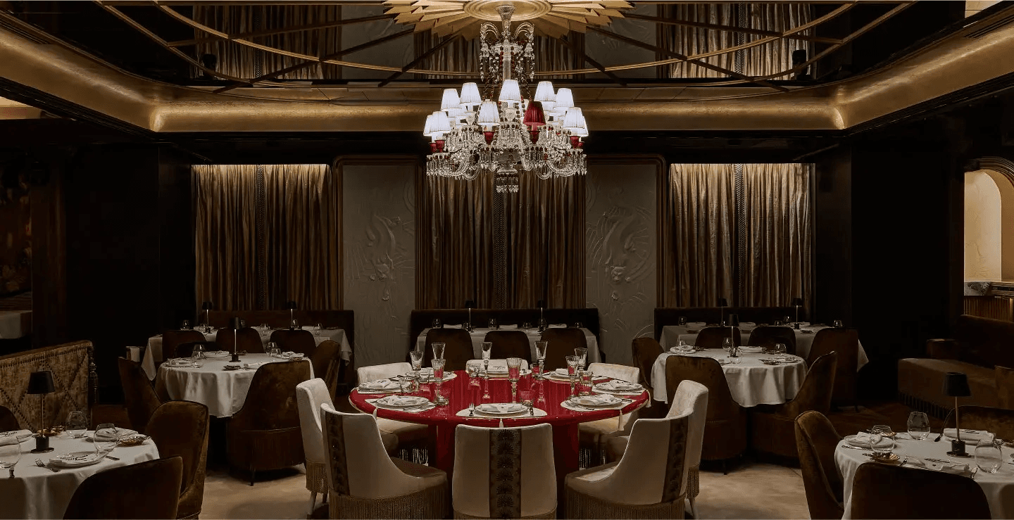 Chandeliers over the dining room at NAHATÉ