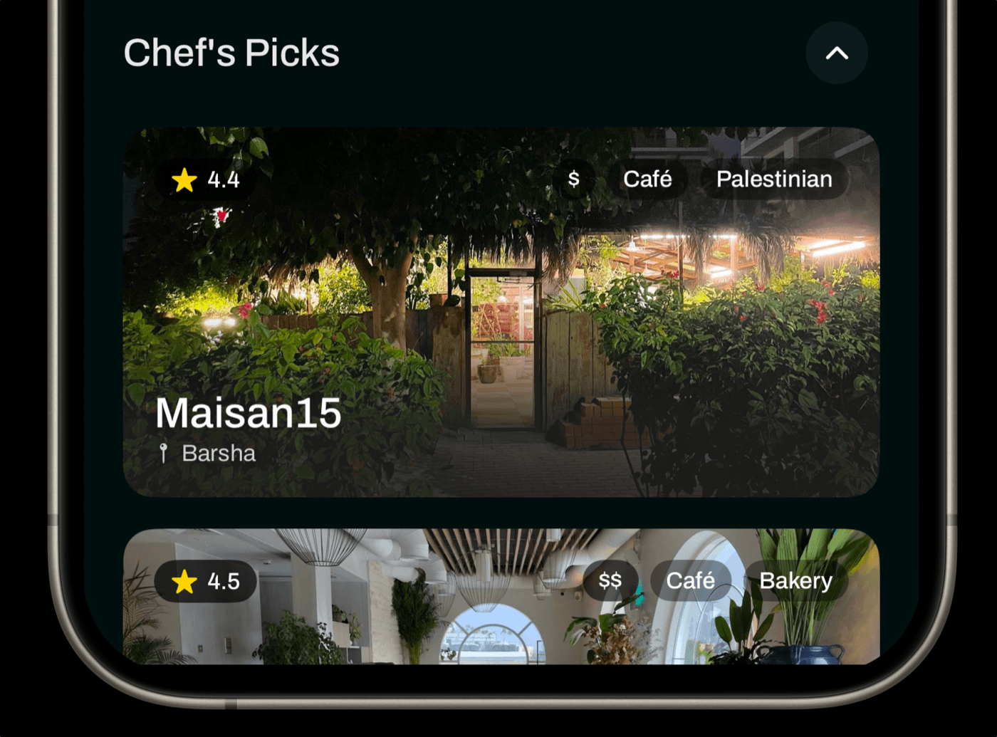 Chef's Picks screen showing curated restaurants