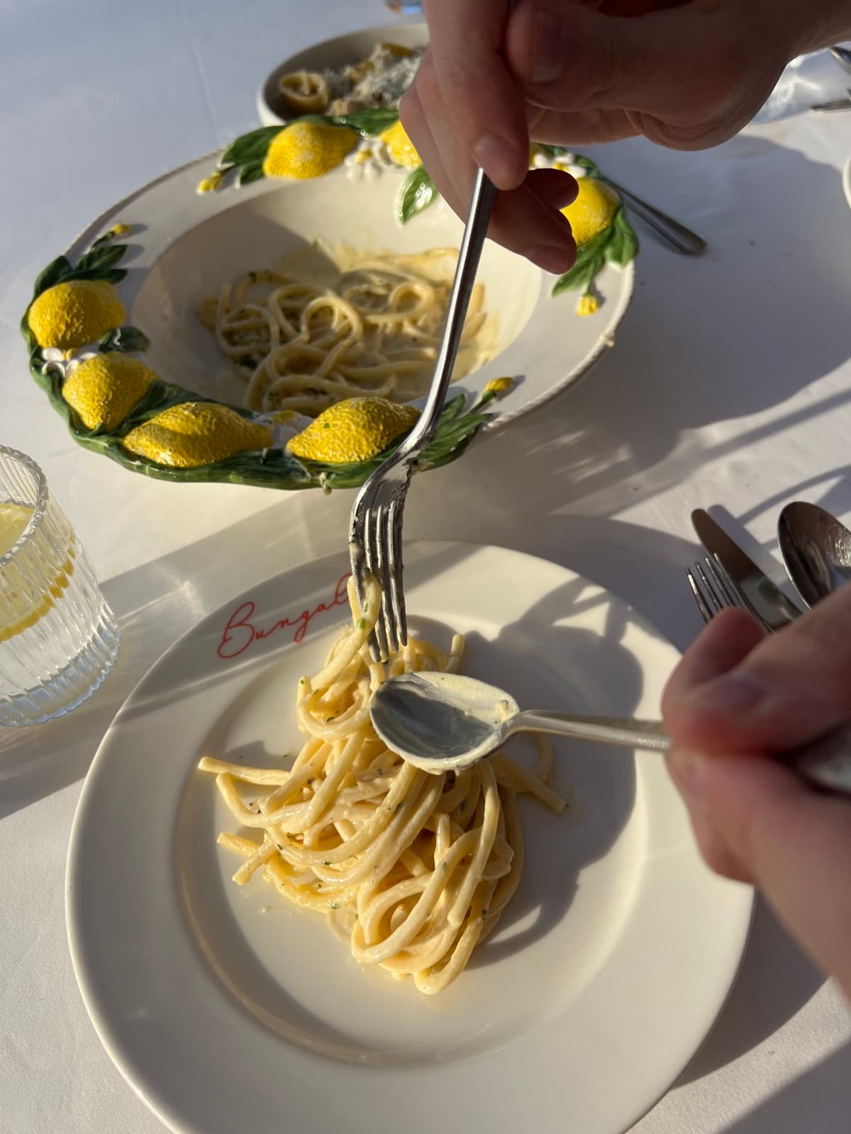 The lemon pasta, mid-twirl