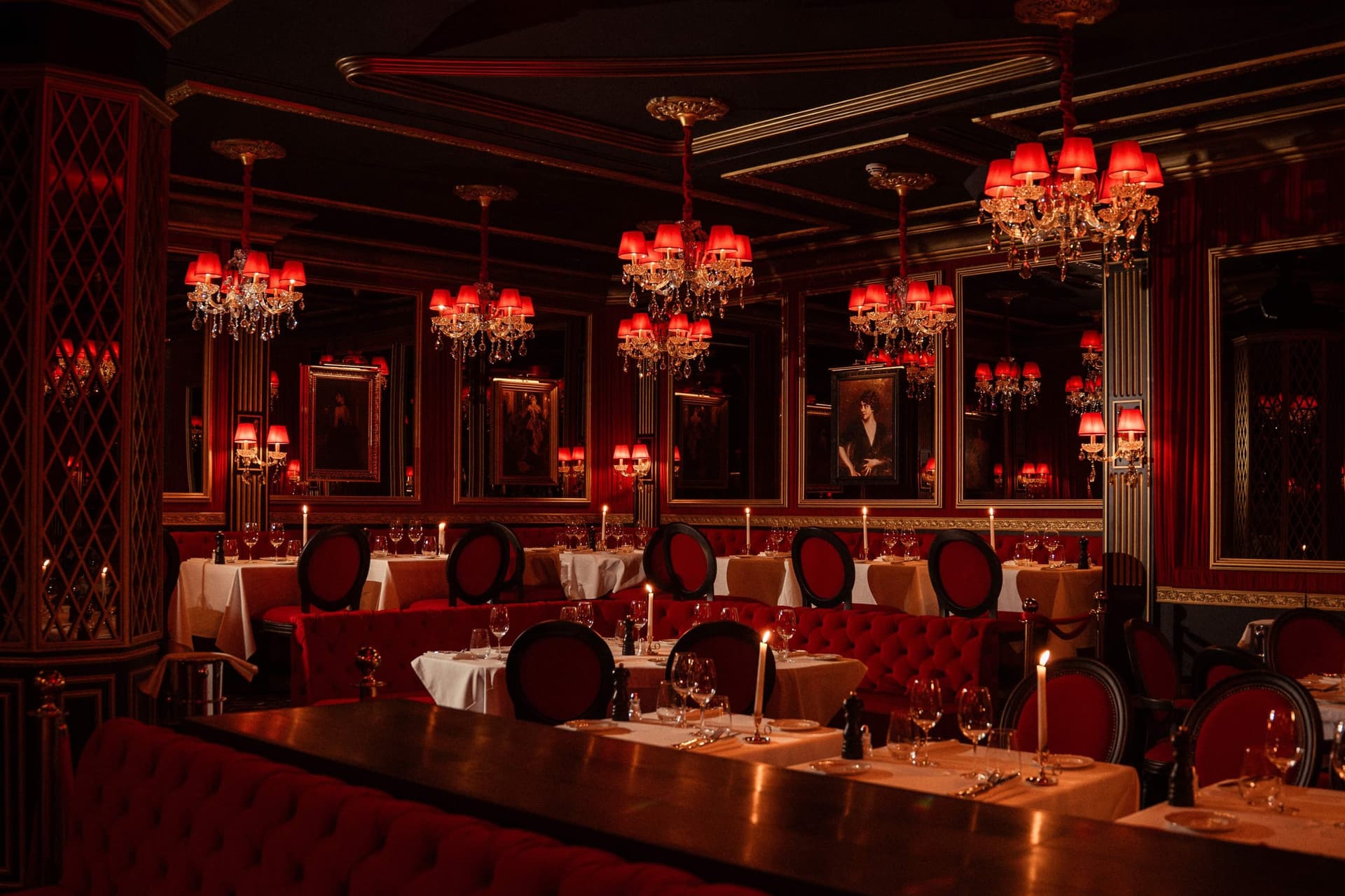 Red velvet and chandeliers at Le Piaf