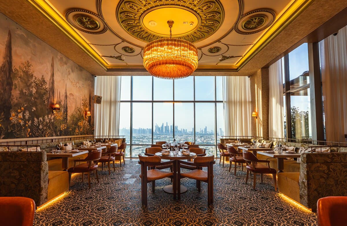 Arches, a mural and skyline views in Orilla’s dining room